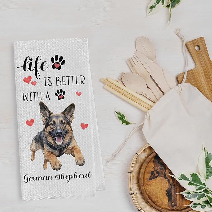 German Shepherd Dish Towels Set - Funny German Shepherd Gifts Waffle Weave Kitchen Towels, Decorative Hand Tea Towel for Kitchen Bathroom (16×24 Inches Set of 2)