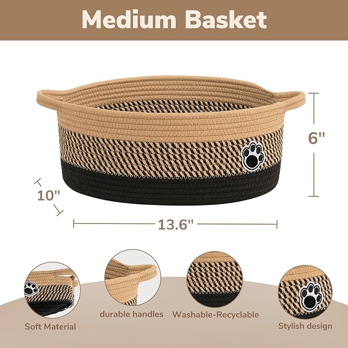 Medium Woven Rope Dog Toy Basket with Paw Print, Black Brown | 13.6"x 10" x 6", Dog Toy Bin & Box With Handles, Gift Basket for Pet Cat, Storage Basket for Baby Shower, Closet, Living Room