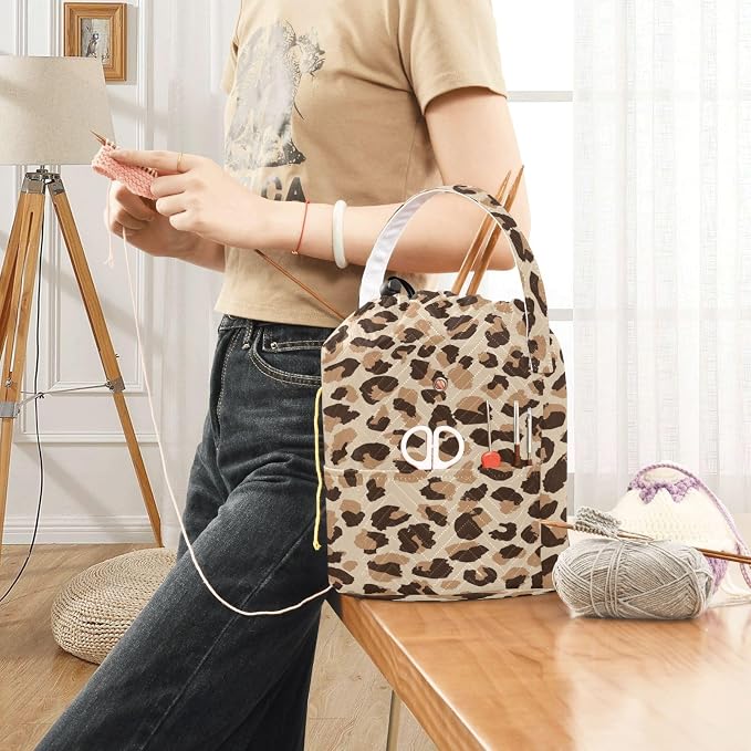 Tatenale Crochet Bag Yarn Bag Knitting Project Bag with Pockets and Handle Portable Yarn Storage Organizer Tangle Free 8.3x11 InchLeopard Skin Print18