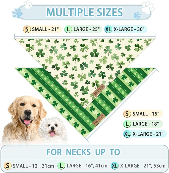 St. Patrick's Day Dog Bandanas, 2-Pack Triangle Reversible Love Pet Scarves, Premium Fabric, Irish Bandana for All Dogs (Small, Style 2)