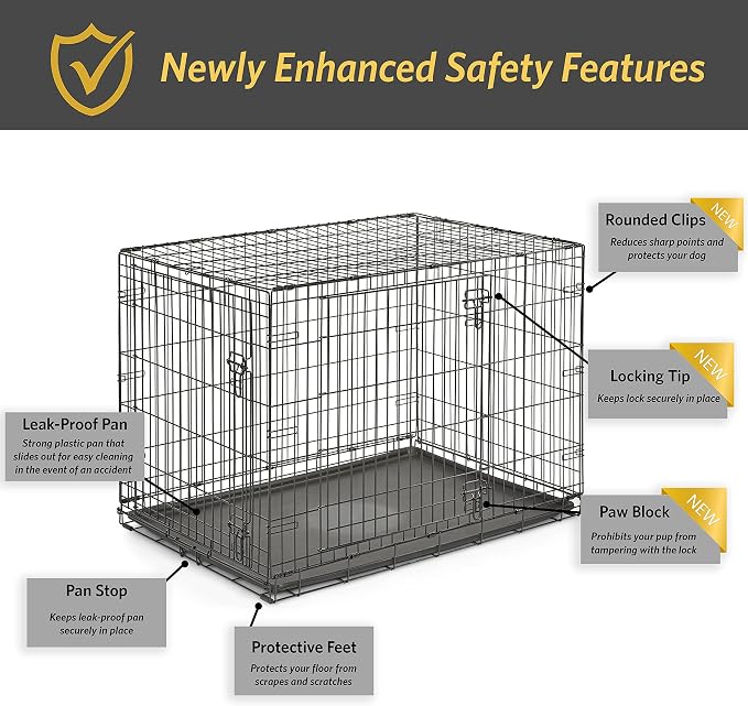 New World by Midwest 42-Inch Double Door Crate, for Large Breeds, 71-90 lbs | Folding Dog Crate, Leak-Proof Tray & Secure Latches, Portable, Durable & Easy to Assemble