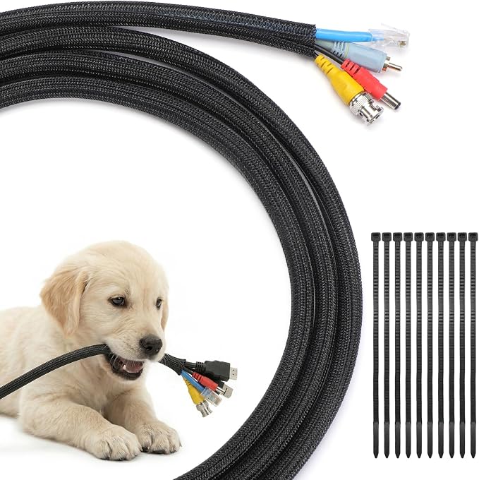 Yecaye 10ft - 1/2 inch Cord Protectors from Pets no Chew, Black | Split Cable Management Sleeves, Wire Loom Tubing for TV USB Cord Protector, Cord Covers for Pets Bite-Resistant