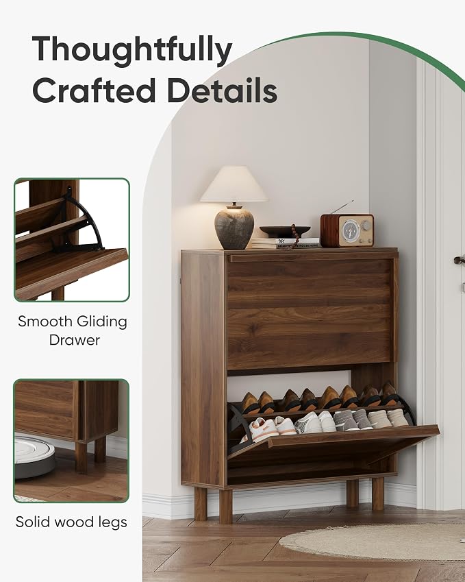 Shoe Storage Cabinet with 2 Flip Drawers, Slim Shoe Rack Cabinet with Integrated slant-grip handle, Narrow Shoe Cabinet Storage for Entryway Entrance, Freestanding Shoe Organizer Cabinet (Walnut)