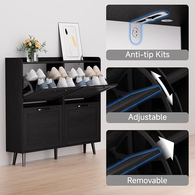 Shoe Storage Cabinet with 4 Flip Drawers, Freestanding Shoe Organizer with Adjustable Shelf & Anti-Tipping Device, Hidden Shoe Rack for Entryway, Hallway, Foyer, Lounge（Black）