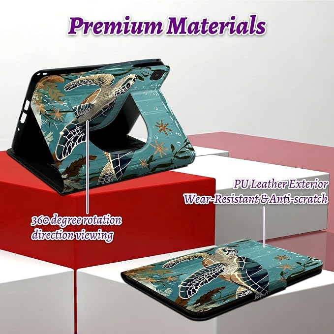 Rotating Handle Case for Samsung Galaxy Tab A7 Lite 2021 8.7", 360 Degree Swivel Kickstand with Magnetic Closure Shockproof Leather Protective Cover for Women Men, Retro Turtle Ocean