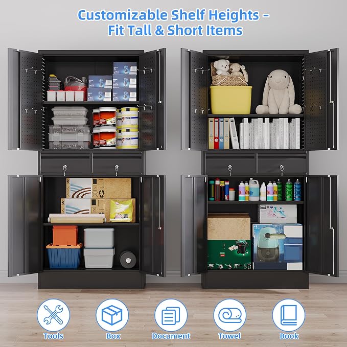 Garage Storage Cabinet with Wheels and 2 Drawers, 71" H Locking Metal Storage Cabinet with Pegboard Doors and 2 Adjustable Shelves for Garage, Warehouse, Home, Black, Assembly Required