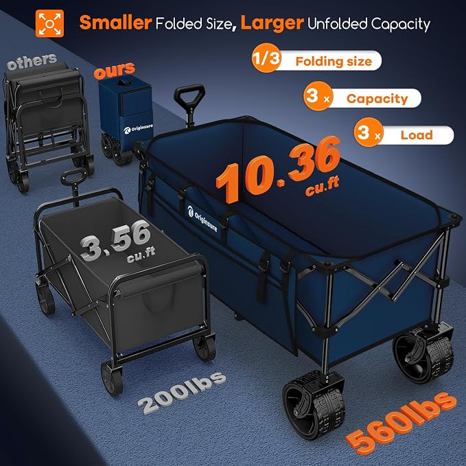 Originsure 300L Beach Wagons Carts Foldable with Big Wheels, 560lbs, Blue | 48" Folding Utility Wagon,7" All-Terrain Wheels,Heavy Duty Frame,Compact&Space-Saving,for Camping,Sports,Grocery,Garden