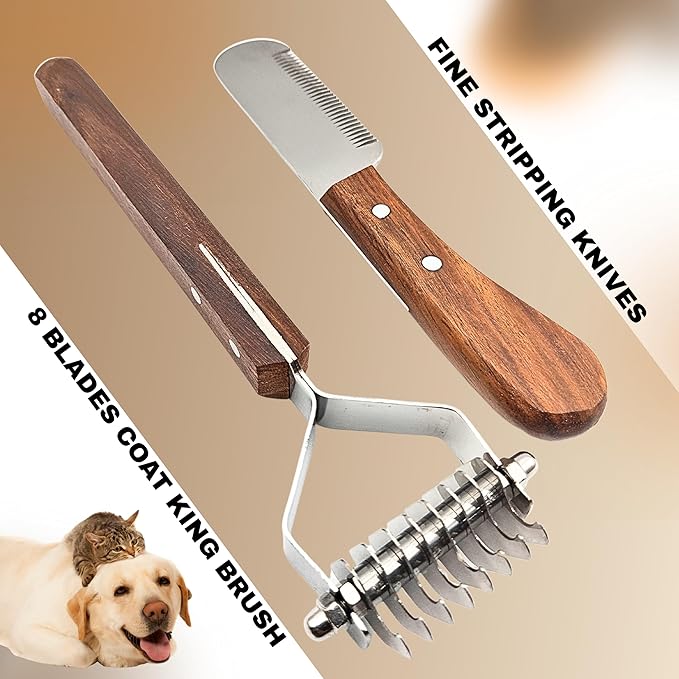 Pet Dematting Comb & Stripping Knife Set for Dogs & Cats – Wood Handle Grooming Rake with Stainless Steel Blades – Stripping & Comb Undercoat Remover Tool for Thick Coats