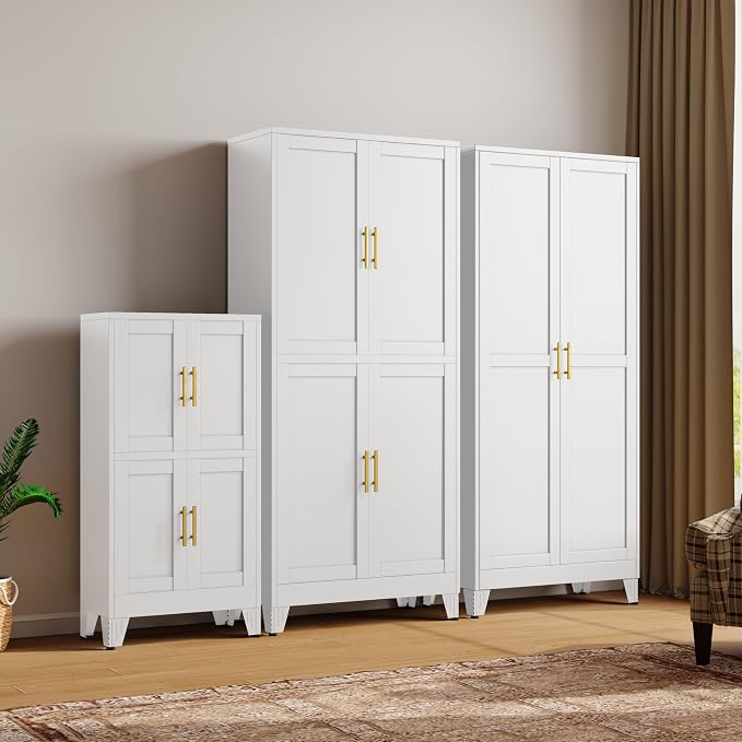 47” White Metal Bathroom Storage Cabinet, Kitchen Pantry Cabinet | Steel Storage Cabinet with Doors and 3 Adjustable Shelves, Bathroom cabinets Organizer, for Home Office, Bedroom
