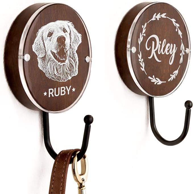 Personalized Dog Leash Hook Holder Wall Mount, Collar Harness Organizer with Pet Name or Photo, Wooden Custom Dog Mom Gift, Single Hook