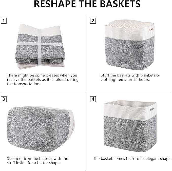 OIAHOMY 2 PACK Tall Storage baskets 55L Blanket Basket Living Room Grey | Large Collapsible Storage Bins Narrow Basket Baskets for Closet Organization Storage Baskets for Shelves Toy Storage Basket