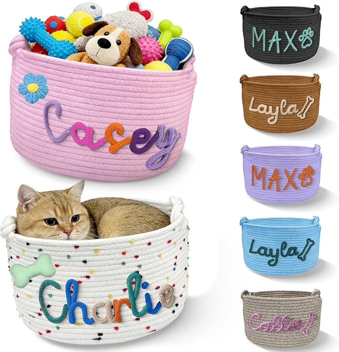 Personalized Dog Cat Toy Storage Basket with Handles Custom Pet Name Woven Cotton Rope Organizer Bin Customized Storage Box for Pet Supplies