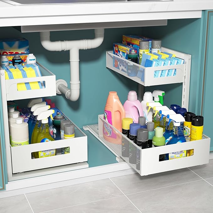 TISTAYA Under Sink Organizer, Bathroom Organizers and Storage, Cabinet Organizer Pottery Barn Furniture for Kitchen, Bathroom, Pantry, Laundry, Study, White，1XL, 2PCS