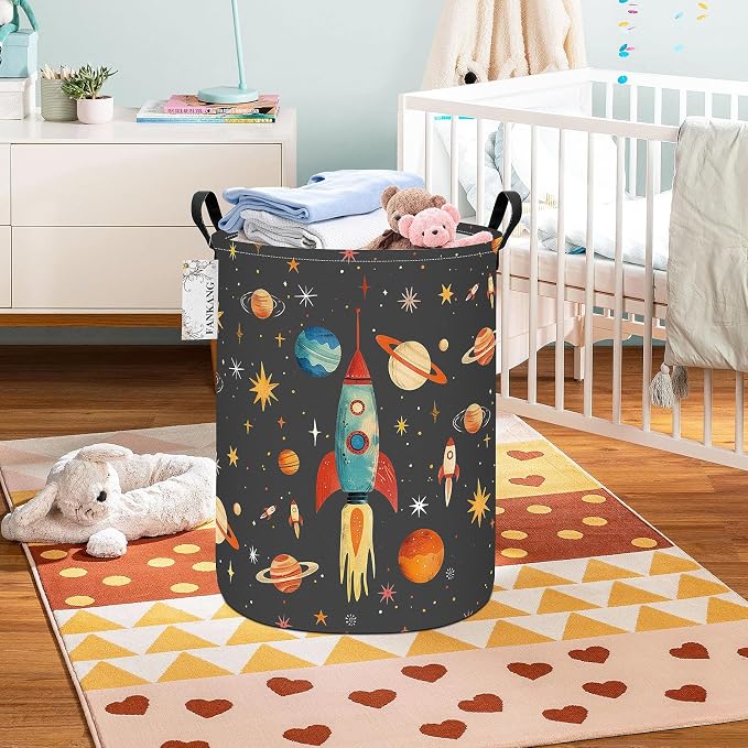 Space rocket Storage Bin Foldable Nursery Basket | Foldable with Waterproof PE Coating Organizer Bin for Kids Boys and Girls,Office,Bedroom,Clothes