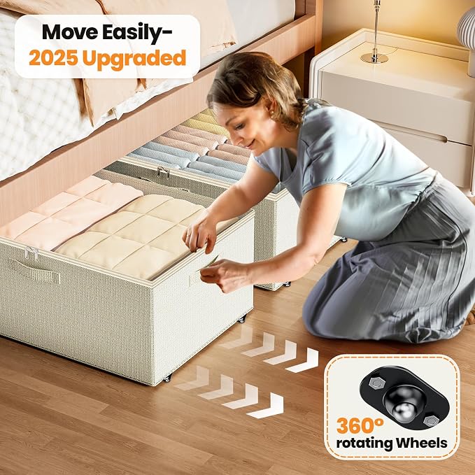 Dayacoco Under Bed Storage With Wheels,10in Underbed Storage Containers 65L | Large Capacity Underbed Storage, No Assembly Required Rolling Under Bed Storage for Clothes Blankets Shoes Beige