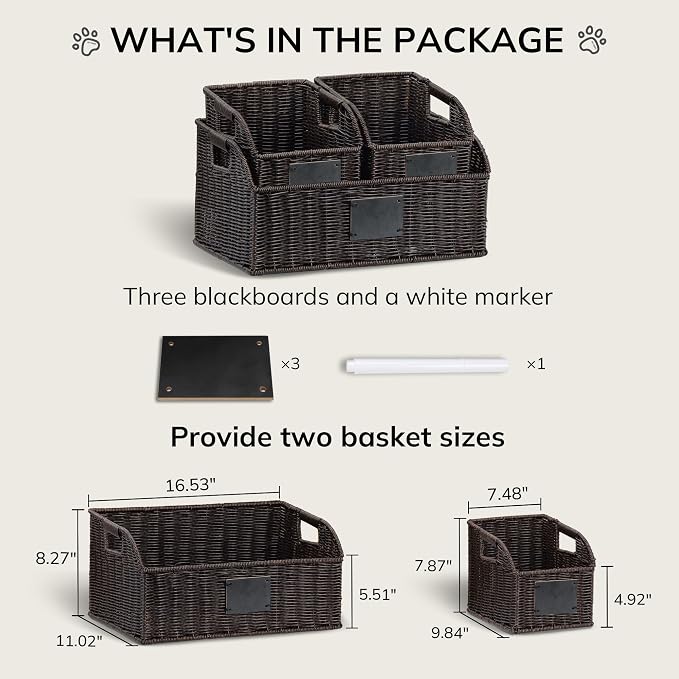BROWNLILY Storage Box Set of 3, Black | Aesthetic Wicker Pet Storage Baskets with Chalkboard Labels - Low-Front Rattan Bins for Dog, Treats & Leash Organizer