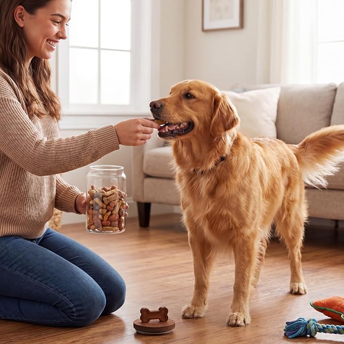 3 Pcs Glass Dog Treat Container, Dog Cookie Jar with Wood Lid | 3.54 x 5.91 Inch, Airtight Pet Treat Food Storage Container, for Countertop, Treats Canister, Doggie Cookie, Pets