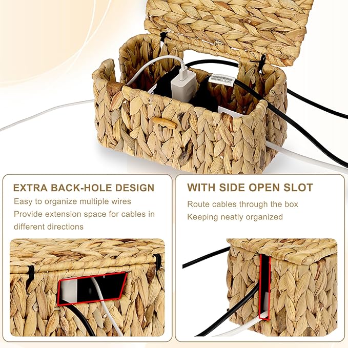 BTSKY Woven Cable Management Box with Lid Water Hyacinth Cord Organizer, S | Cable Organizer Box with 2-Open Slots to Hide Power Strips USB Hubs for Desk, Home & Office, Pet Proofing Cord Basket