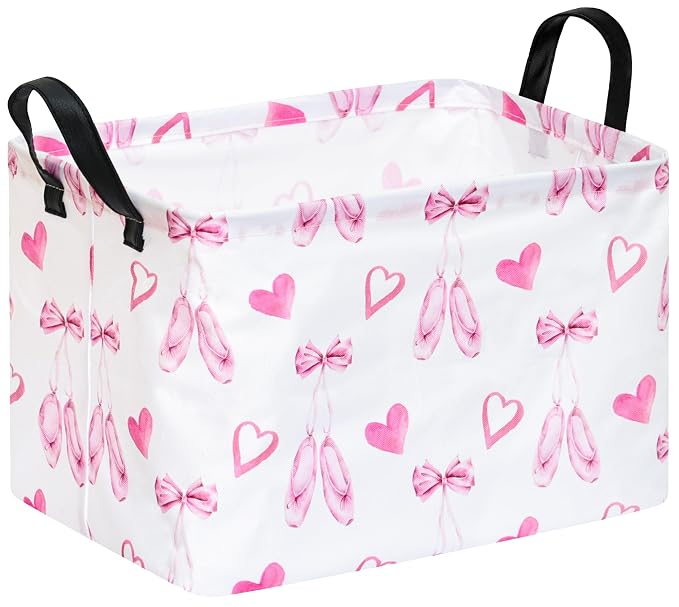 Pink Bow and Heart Storage Basket,Foldable Girls Room Toy Bin with Handles | Foldable basket with coated lining and leather handles for toys,laundry,gifts and girls room organization