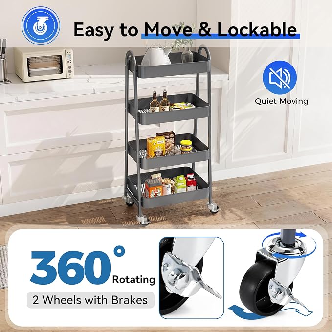 OLIXIS Metal 4 Tiers Rolling Storage Utility Cart with Lockable Wheels | Mobile Organizer Shelf, Space-Saving, Freestanding, Bathroom, Living Room, Slim, Narrow Corner Spaces, Gray