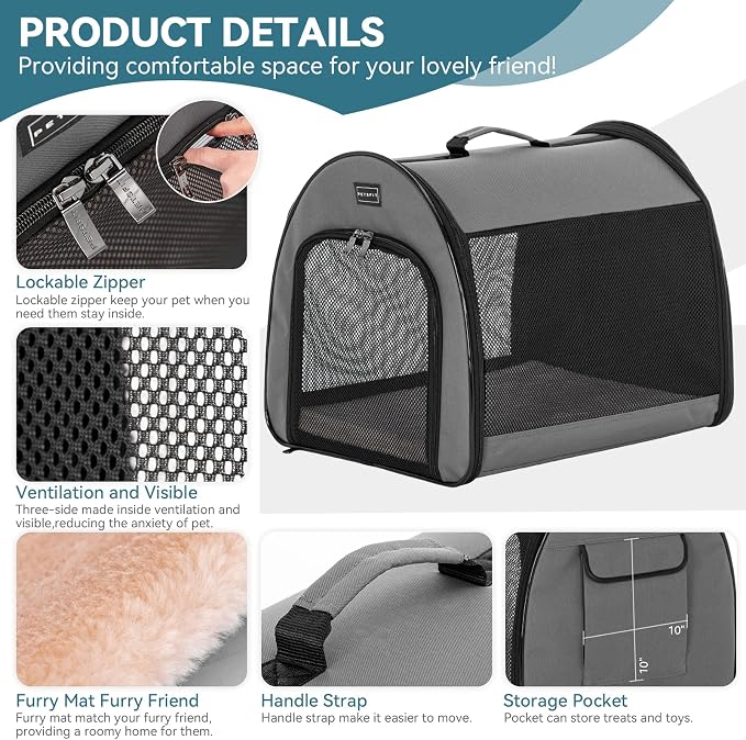 PETSFIT Soft Dog Crate, Dog Travel Crate - 26.5 Inch Lightweight, Roomy, Easy to Set Up, Portable Pop Up Dog Carrier with Thick Mat, Sturdy Soft Sided Dog Crate, Grey