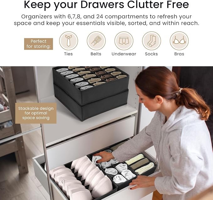 Reli. Sock Organizer (14 Pack) | 132 Cell Underwear Organizer | Gray | Drawer Dividers for Underwear, Sock, Tie, Bras, Clothing, Baby Clothes | Foldable Fabric Storage Bins for Drawer, Closet