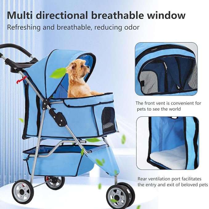 FDW Pet Stroller 3-Wheel Durable Foldable Cat Dog Stroller with Washable Liner Storage Basket Cup Holder,Blue