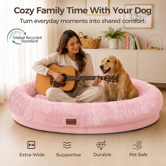 Human Dog Bed for Adult, 71"x48" Large Pet Dog Bed, Pink | Adult Dog Bed for Humans with Pillow & Blanket, Fluffle Cloud Dog Bed with Orthopedic Foam Bolster, Durable Zipper, Portable