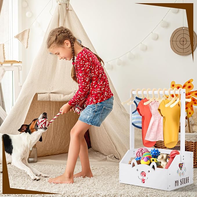 Chunful Dog Closet Wardrobe, Storage Bin, 5 Hangers, Wooden,White | Organize Pet Clothes and Toys, For Small Dogs and Cats, Includes Wardrobe Rack and Storage Box, Natural Wood, 19"x13"x9"
