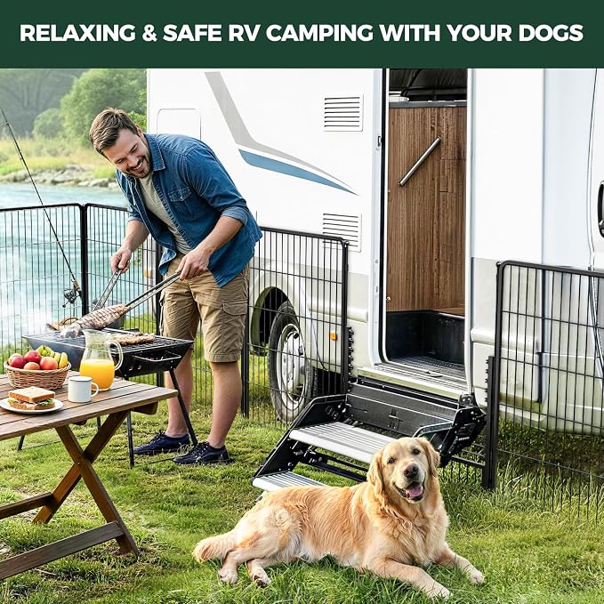 FXW Rollick Dog Playpen with RV Step Grid for RV Camping, 40" H, 16 Panels | Easy Setup & Sturdy, Blocks RV Stair Gaps, Fits RV Steps up to 26"W, For Medium & Large Dogs, Patented