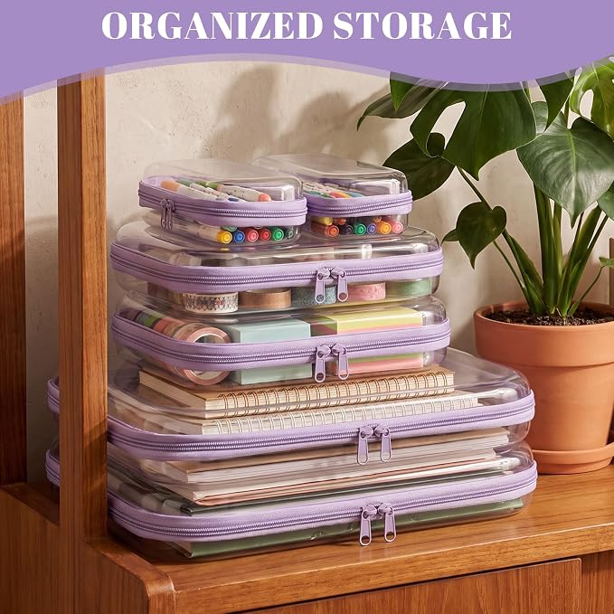 12 Pack Clear Hard Shell Zipper Case with 40 Labels, X-Large/Medium/Small Stackable Clear Pouches, Crush-resistant Travel Toiletry Bag Organizer for Makeup Board Games Electronics (Purple)