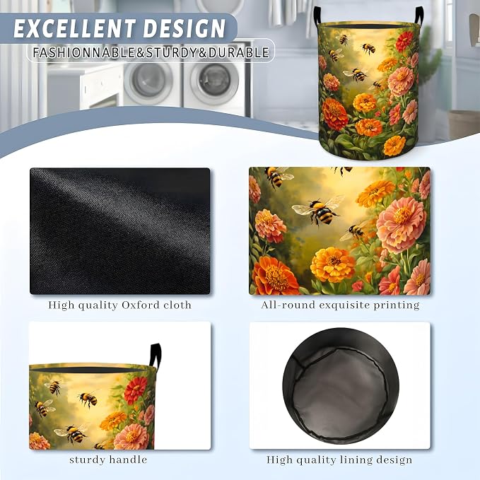 Bee Flower Laundry Basket, Garden Floral Insect Daisy Storage Hamper, Round Collapsible Waterproof Cloth Bin, 19.7x15.7 Inch Spring Clothes Organizer Gifts for Bathroom Decor