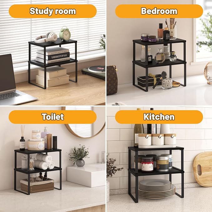 Kitchen Cabinet Organizer Shelf Set of 4, Sturdy Kitchen Counter Shelves with Metal Legs, Stackable Expandable Wood Spice Rack Pantry Cupboard Dish Mug Cup Storage Organizer Shelf, Black