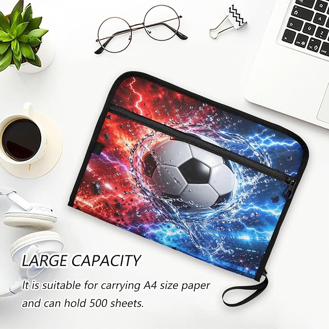 Soccer Neon 13 Pocket File Organizer Expanding File Folder with Front Pouch Portable Business File Storage Document Organizer Folder with Zipper