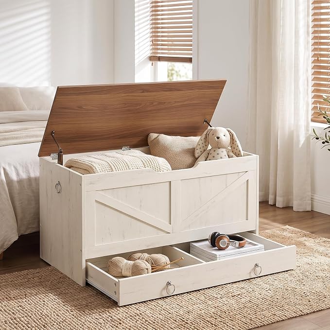 HOOBRO Storage Chest, 39.3" Toy Chest with Drawer, Wooden Storage Bench, Sturdy Entryway Bench Supports 220 lb, Safety Hinge, U-Shaped Opening, Easy Assembly, Cloud White and Walnut IH710CW01G2