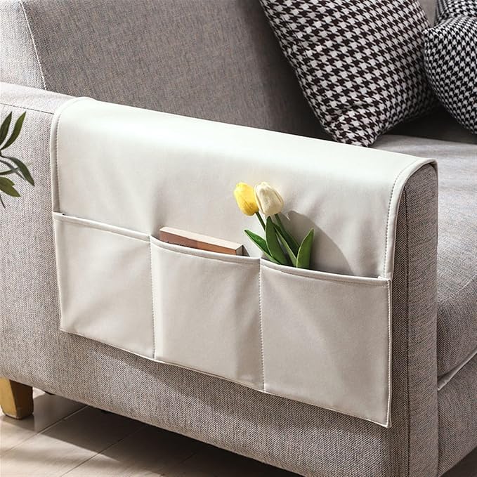 Tech Fabric Arm Rest Covers for Sofa, Anti-Cat Scratching Couch Arm Covers with Side Pocket Anti-Slip Furniture Protector Arm Chair Covers Waterproof Armrest Organizer(White)