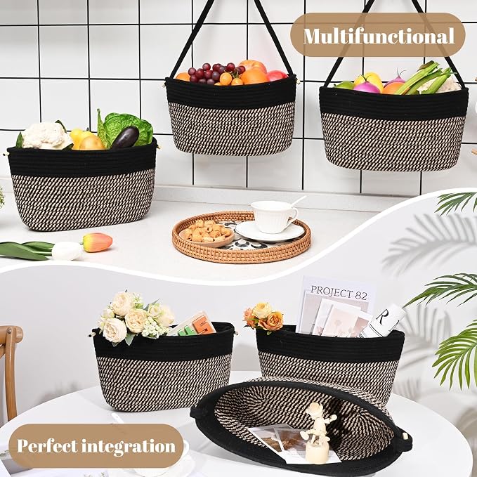 Hanging Basket, 3-Tier Woven Wall Basket with 4 Hooks, Cotton Rope Storage Baskets, Over the Door Organizer for Nursery, Bedroom, Cottage and Boho Wall Decor