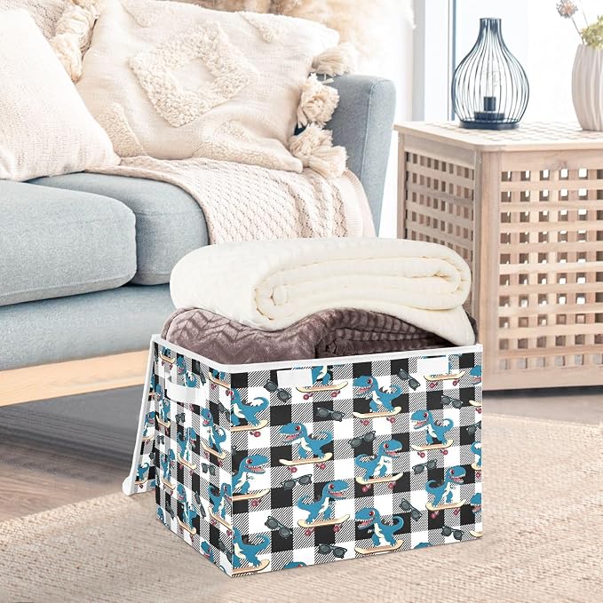 Dino Scooter Fabric Storage Bins with Lid Closet Storage Basket 40L | Decorative Storage Boxes, Dust-Proof Flip Top, Reinforced Handles, For Home & Bedroom, Clothes & Toy Box, Dino Fabric Print