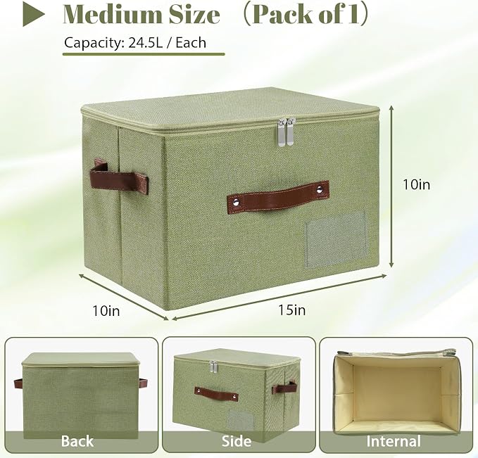 ANMINY Storage Box Fabric Bins with Zipper Lid, 15"x10"x10" Green | Keepsake Box, Decorative, Cotton Linen, Reinforced PP Board Frame, Washable, Stackable & Foldable, Label Holder & PU Handles