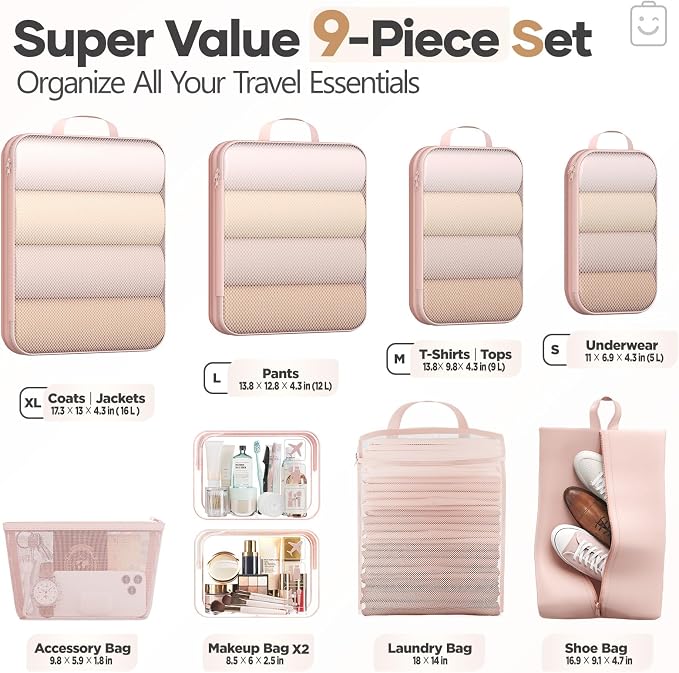 Veken 9/11 Set Compression Packing Cubes Garment Bags for Travel Essentials,Compressible Expandable Luggage Organizer Bags for Clothing,Space Saver Bags with Over 1000 pcs of Mesh Holes(Beige)