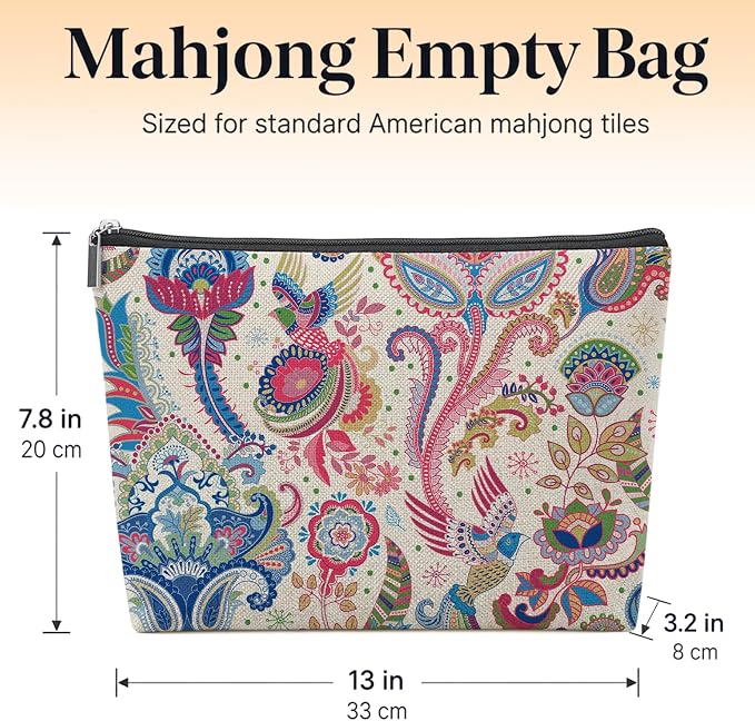 Colorful Paisley Empty Mahjong Tile Bag 13x7.8 Inch | Boho Floral Printed Portable Travel Case Organizer Zipper Pouch for American Mahjong Tiles Game Night Accessories and Gifts