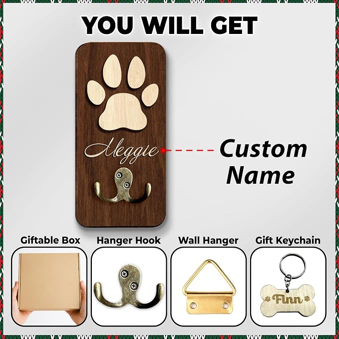 Personalized Dog Leash Holder Wall Mount, Pet Harness Hanger, Dog Collar Organizer for Entryway, Key Rack for Wall Decorative, Memorial Cat Leash Holder for Wall, Pet Loss Gifts, Home Decor