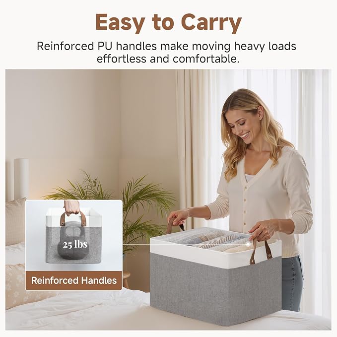 StorageWorks Fabric Storage Bins, Gray and White, Extra Large, 2-Pack | With Reinforced PU Handles, Metal Frame, Collapsible, Storage Basket for Shelves, Closet, Holds Clothes, Towels, Blankets