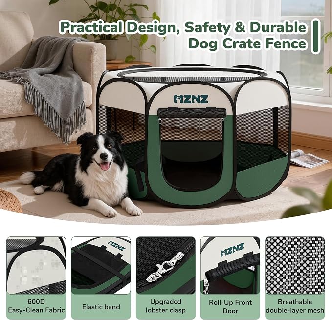 Dog Cat Small Animal Puppy Playpen Crate, Large, Dark Green | Portable Pop Up Pet Cage Enclosure Tent Kennel Indoor Outdoor with Carrying Case, No Assembly, Camping Use