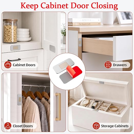 10-Pack Cabinet Magnets for Closing, Magnetic Door Catches that Require no Drilling, Ultra-Thin Drawer Magnets to Keep Drawers Closed, and Double-Sided Tape for Easy Installation