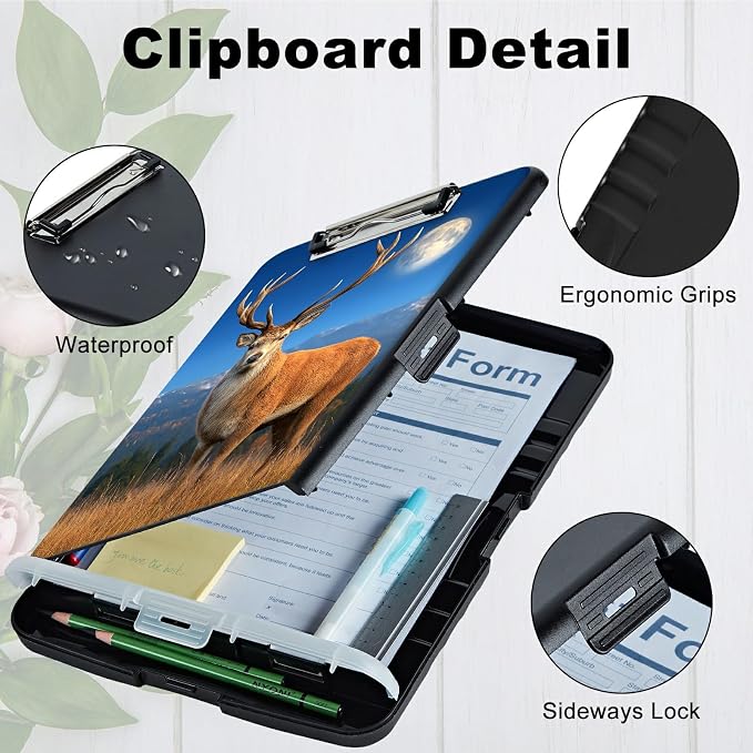 A4 Clipboard with Storage Pen Holder, Clipboards Organizer Nursing Clipboard Foldable File Folder Plastic Clipboard Folio Clip Board for Office Work Classroom Doctor, Grassland Deer