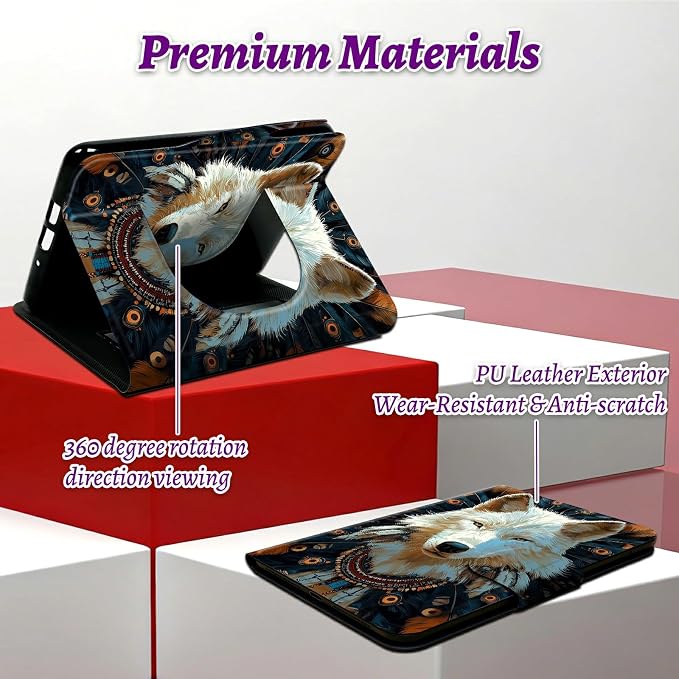 Rotating Handle Case for Samsung Galaxy Tab A11 Plus 2026/A9 Plus 11" 2024, 360 Degree Swivel Kickstand with Magnetic Closure Shockproof Leather Cover for Women Men, Feathers White Wolf