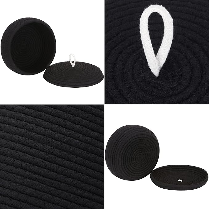Sea Team Round Woven Cotton Rope Storage Basket with Lid, Black | Lidded Knitted Decorative Storage Bin, Pot, Caddy, Organizer, Container for Snacks, Towels, Plants, 10 x 4.5 Inches