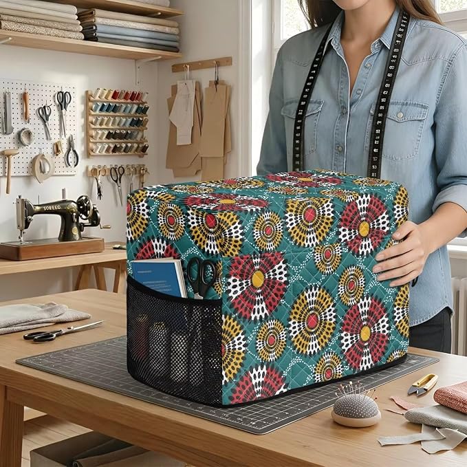 Sewing Machine Cover Polyester Febric Retro Dot Ethnic Flower | Dust Pet Hair Protection,Quilting Design,Fits Standard Singer,Brother Janome Machines,Protecting Decorating Your Sewing Space