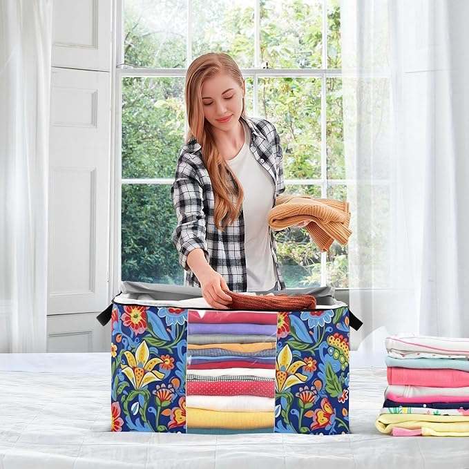 Generic Blue Boho Florals Clothes Storage Bag Bins 2 Pack Foldable Storage Containers Large Closet Organizer with Zipper Blanket Storage Bag for Comforters Clothing Bed Sheets 95L